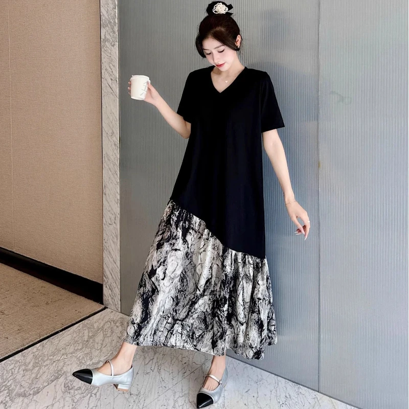 Loose Contrast Patchwork Plus Size Casual Dresses Women Clothing New Short Sleeve High Street Midi Dress Fashion Korean Summer thumbnail 2
