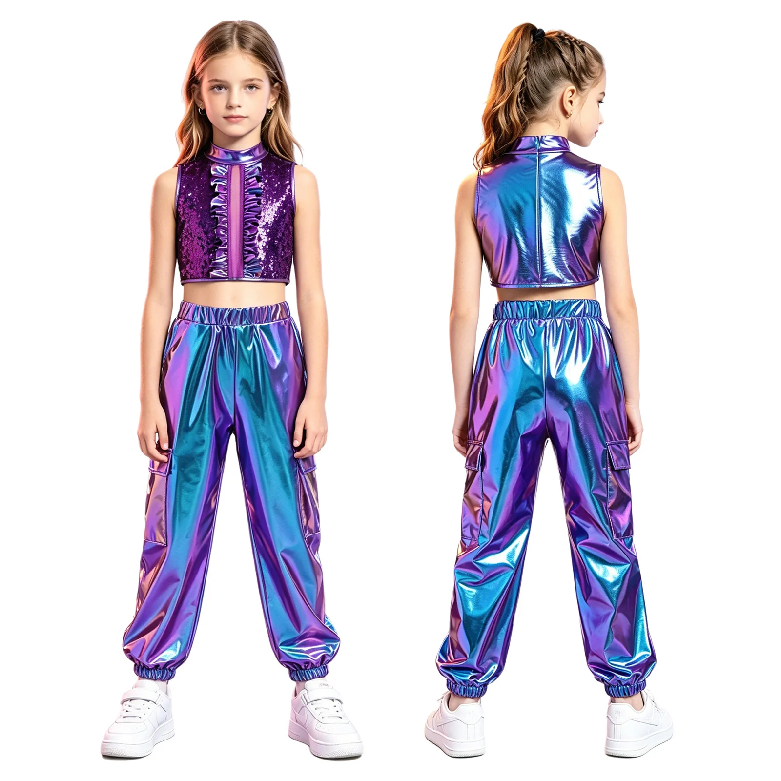 Fashion Clothes Set for Big Girls Metallic Shiny Crop Top Vest with Pants Suit for Jazz Hip Hop Street Dance Performance Costume thumbnail 5