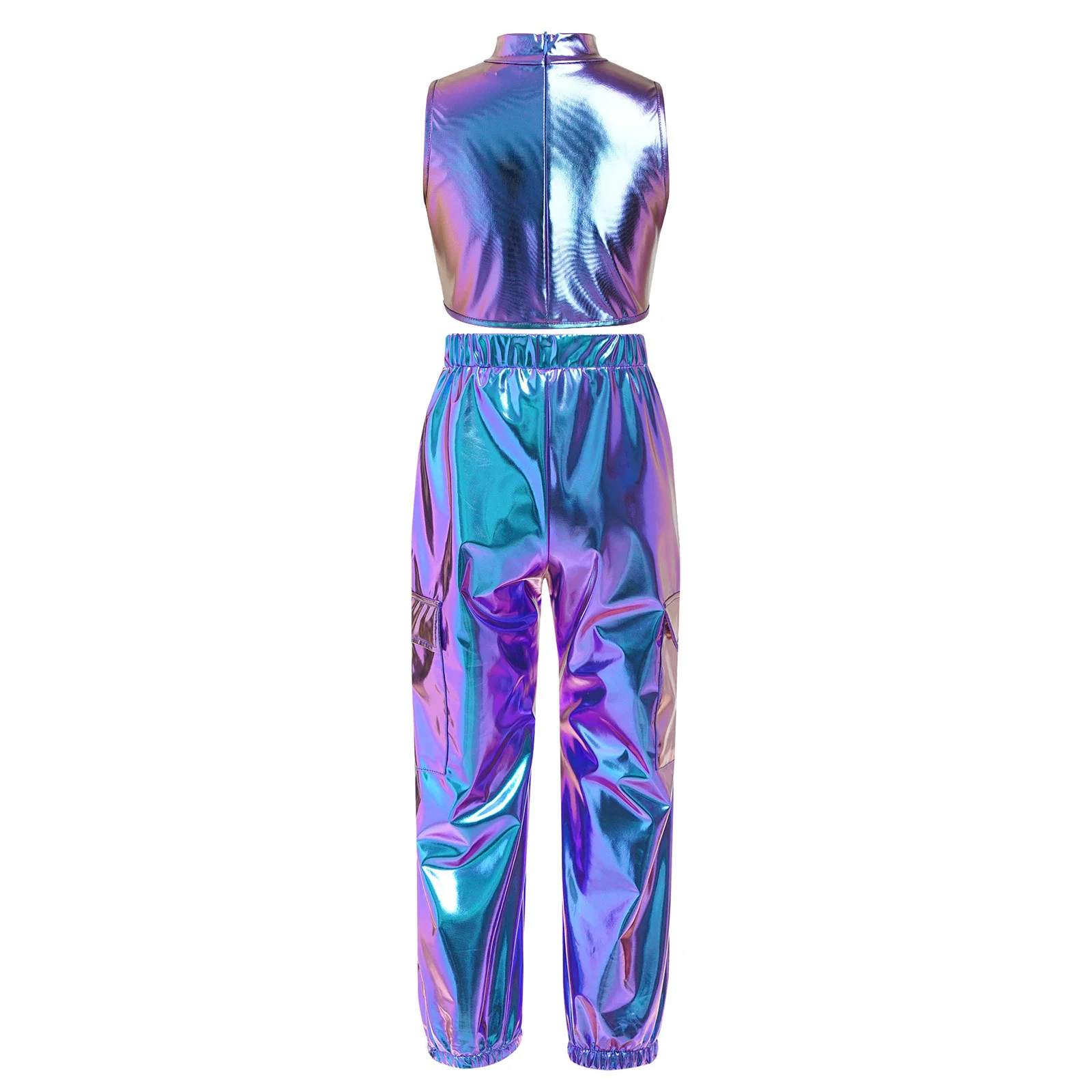 Fashion Clothes Set for Big Girls Metallic Shiny Crop Top Vest with Pants Suit for Jazz Hip Hop Street Dance Performance Costume thumbnail 4