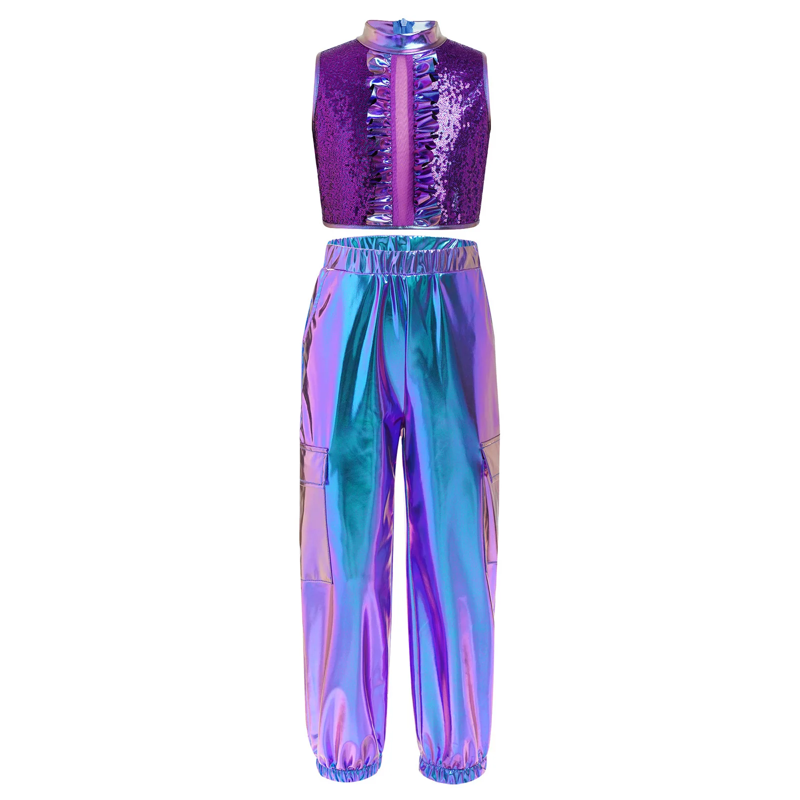 Fashion Clothes Set for Big Girls Metallic Shiny Crop Top Vest with Pants Suit for Jazz Hip Hop Street Dance Performance Costume thumbnail 3