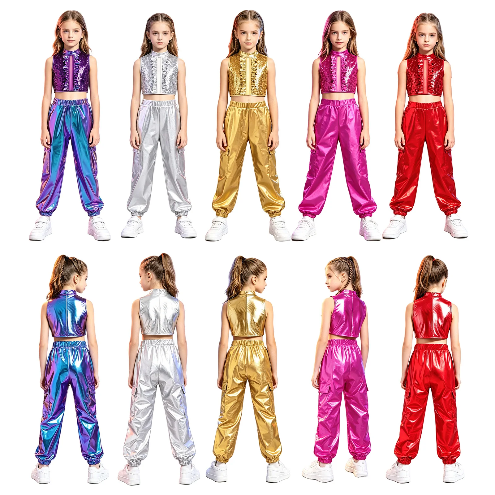 Fashion Clothes Set for Big Girls Metallic Shiny Crop Top Vest with Pants Suit for Jazz Hip Hop Street Dance Performance Costume thumbnail 2