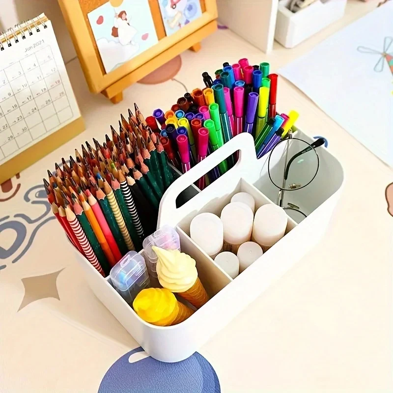 5-Compartment Plastic Storage Basket with Handle, Portable Office Desk Organizer for Pens, Pencils, Stationery, Mixed Color thumbnail 2