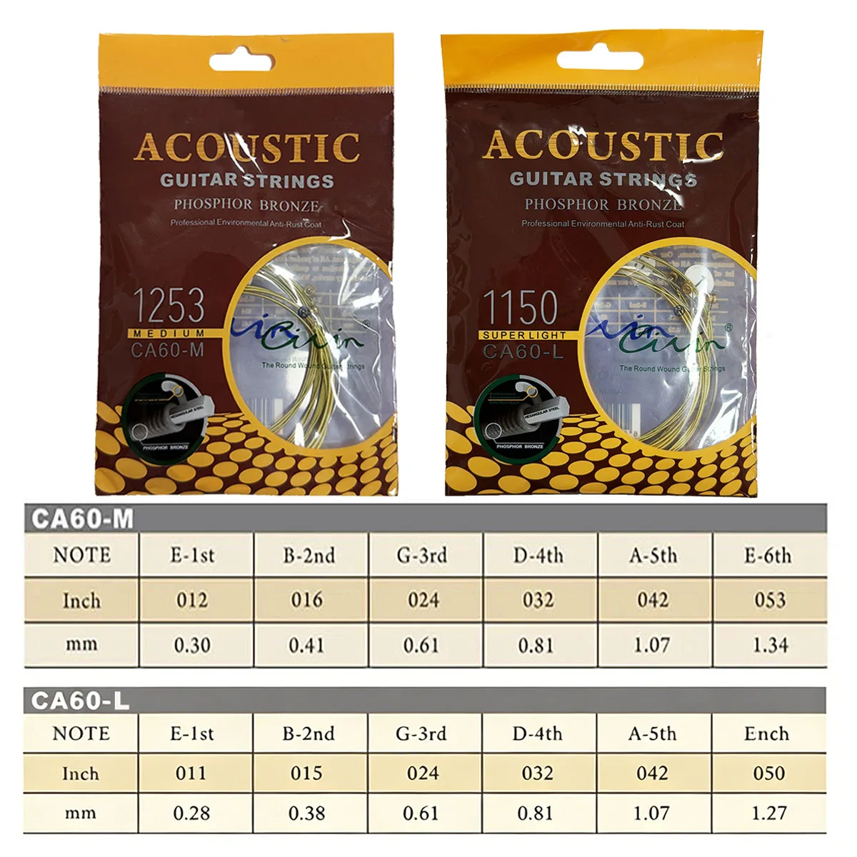 Civin CA60-M/CA60-L Folk Guitar Strings – Phosphor Bronze, Hex Steel Core, Anti-Rust Coating, Choose 012-053 or 011-050,6pcs/Set thumbnail 2