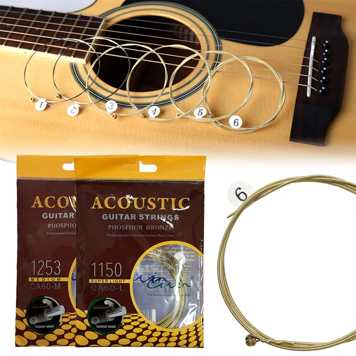 Civin CA60-M/CA60-L Folk Guitar Strings – Phosphor Bronze, Hex Steel Core, Anti-Rust Coating, Choose 012-053 or 011-050,6pcs/Set thumbnail 6