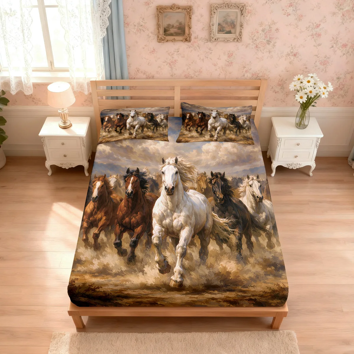 3pcs Horse Animal Print Coreless Bed Sheet Set Multiple Sizes Soft And Comfortable Bedding, Bedroom Decoration, Machine Washable