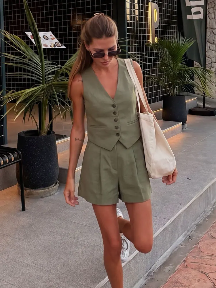 HH Women Elegant Solid 2 Piece Set V-Neck Buttons Vest Slim Shorts Sets For Woman Summer High Street Casual Office Daily Outfits