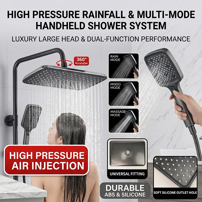 360° Swivel Rainfall Shower System, High Pressure Overhead & Multi-Mode Handheld Combo with Universal Fit,Water Saving thumbnail 2