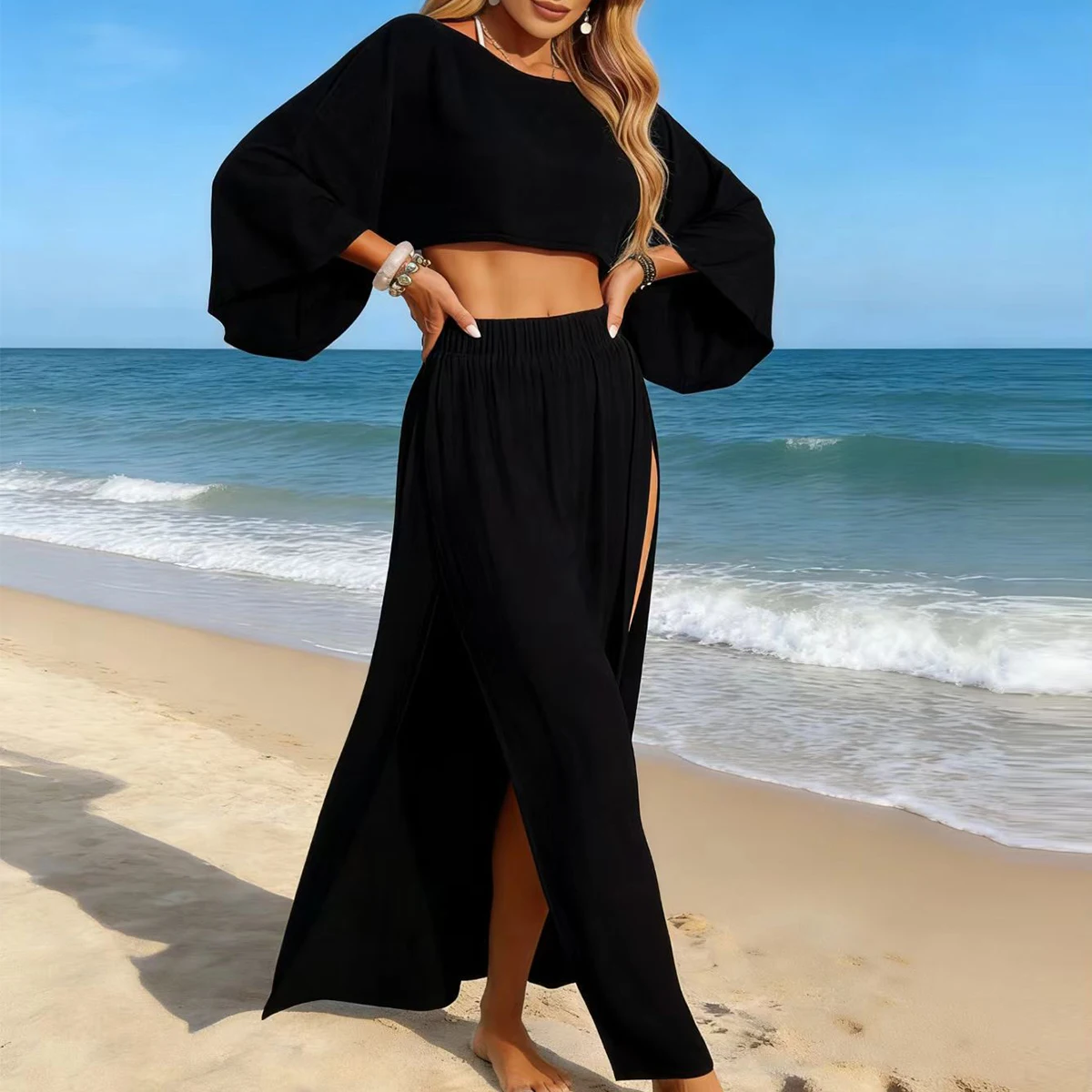 Long Sleeve Top and Side Slit Skirt 2Pc Set, Lightweight Transparent Beach Vacation Bikini Cover-Up Set, Casual Loose-Fitting thumbnail 3