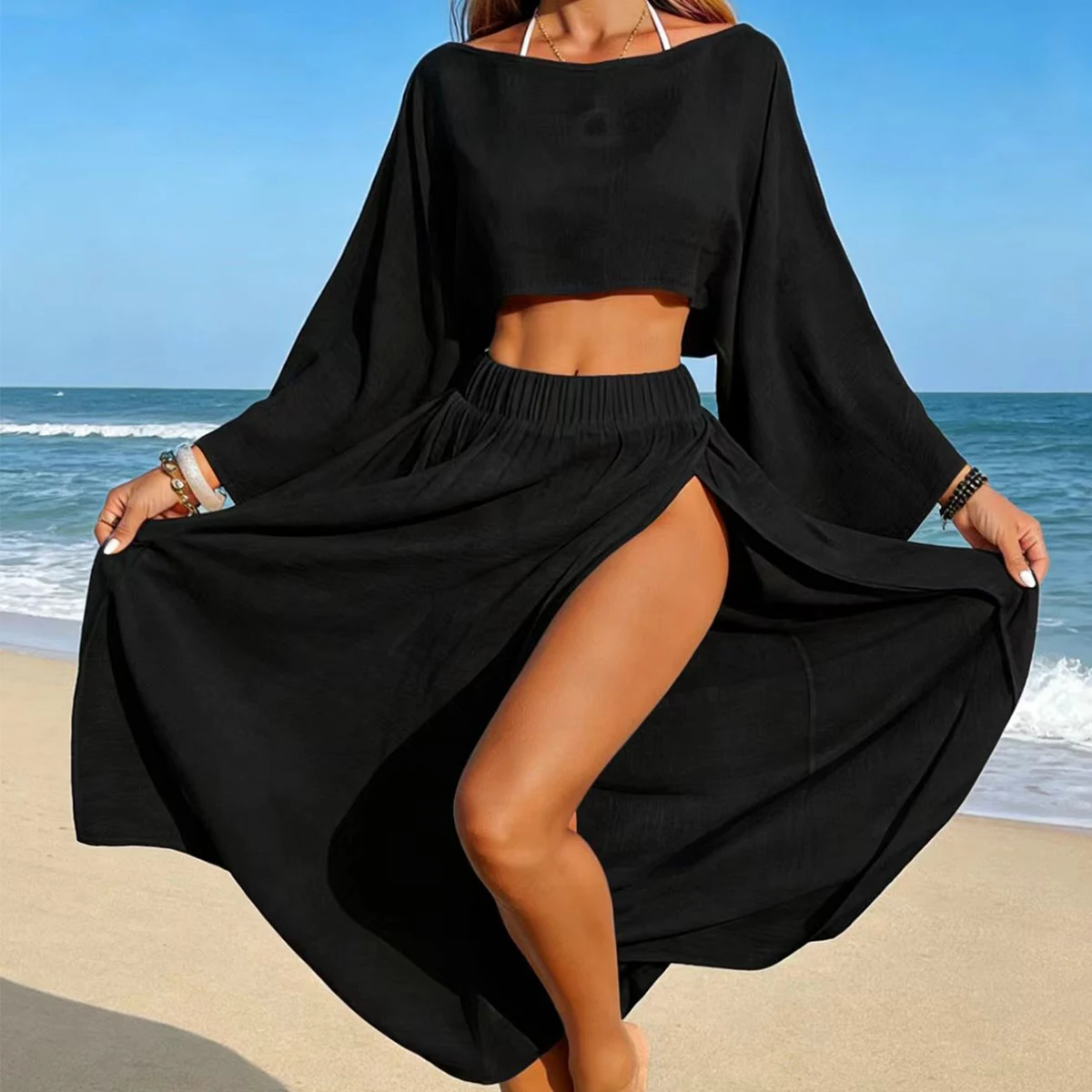Long Sleeve Top and Side Slit Skirt 2Pc Set, Lightweight Transparent Beach Vacation Bikini Cover-Up Set, Casual Loose-Fitting thumbnail 4