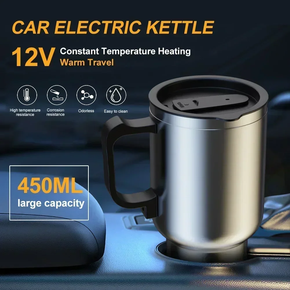 Electric Heating Car Kettle 12V 450ml Vehicle Heating Cup Stainless Steel Camping Travel Kettle Water Coffee Milk Thermal Mug thumbnail 2