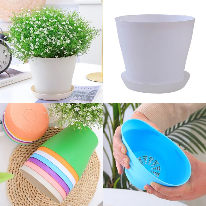Plastic Flower Pot with Tray Garden Planters Pot  Colorful Succulents Plant Pot Office Desk Balcony Flower Pot Outdoor Plant Pot thumbnail 2