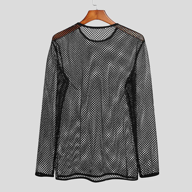 Men's Fishnet Mesh T-Shirts O-Neck Long Sleeve Transparent Tops Muscle Undershirt for Male Sexy Nightclub Gothic Punk Streetwear thumbnail 3