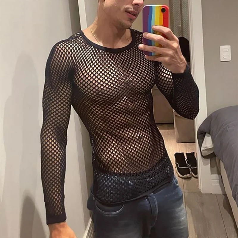 Men's Fishnet Mesh T-Shirts O-Neck Long Sleeve Transparent Tops Muscle Undershirt for Male Sexy Nightclub Gothic Punk Streetwear