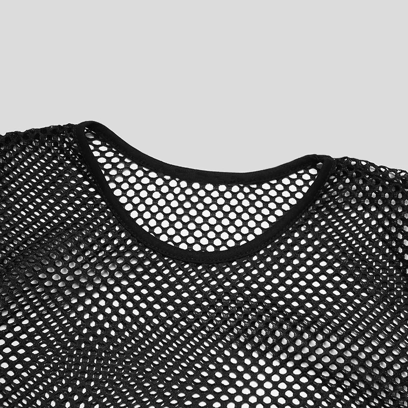 Men's Fishnet Mesh T-Shirts O-Neck Long Sleeve Transparent Tops Muscle Undershirt for Male Sexy Nightclub Gothic Punk Streetwear thumbnail 4