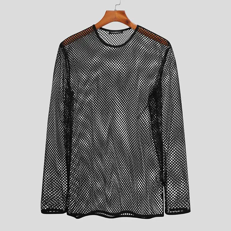 Men's Fishnet Mesh T-Shirts O-Neck Long Sleeve Transparent Tops Muscle Undershirt for Male Sexy Nightclub Gothic Punk Streetwear thumbnail 2