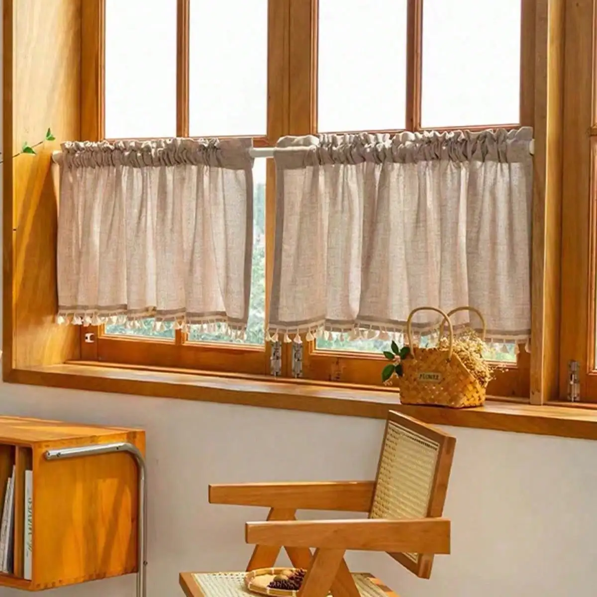 1PC Kaki Japanese Retro Rice Broom Lace Window Curtain Single Piece Home Decor Traditional Design Kitchen Window Treatment thumbnail 2