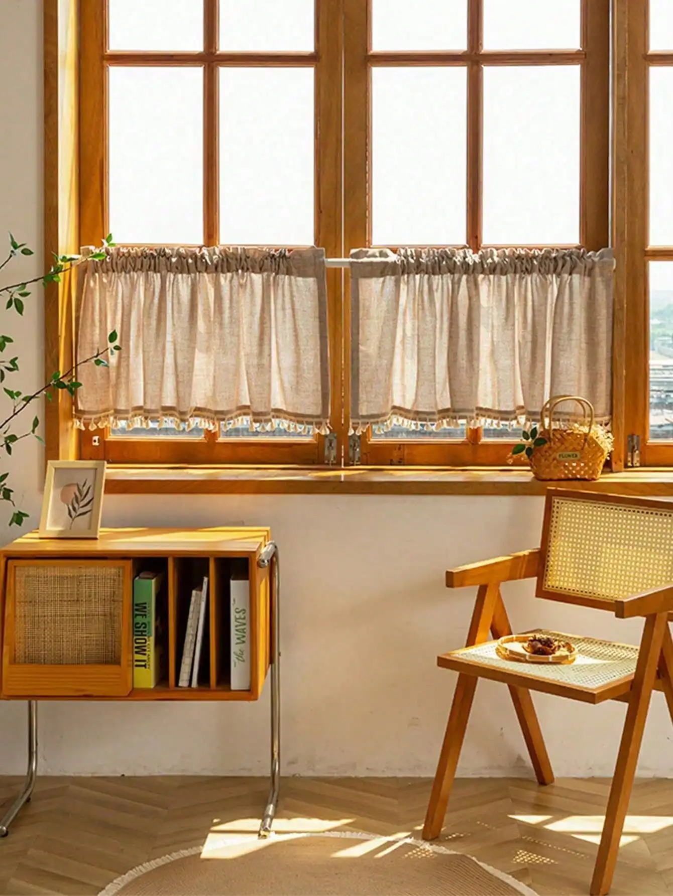 1PC Kaki Japanese Retro Rice Broom Lace Window Curtain Single Piece Home Decor Traditional Design Kitchen Window Treatment thumbnail 5