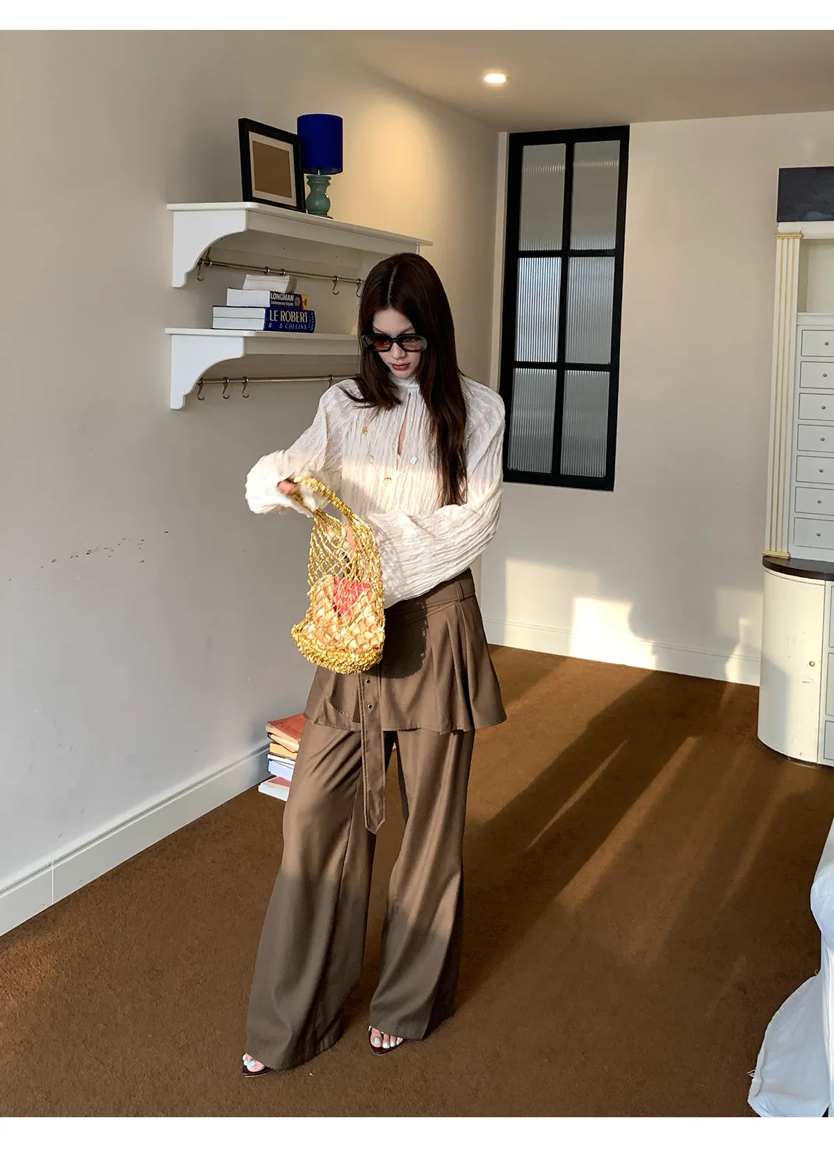 【MAR】Women Vintage Brown Sycamore Pants Pleated Fake Two-Piece Loose Casual Suit Trousers thumbnail 5