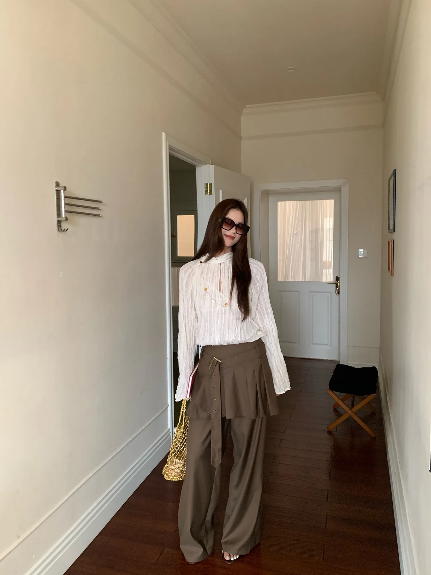 【MAR】Women Vintage Brown Sycamore Pants Pleated Fake Two-Piece Loose Casual Suit Trousers thumbnail 3