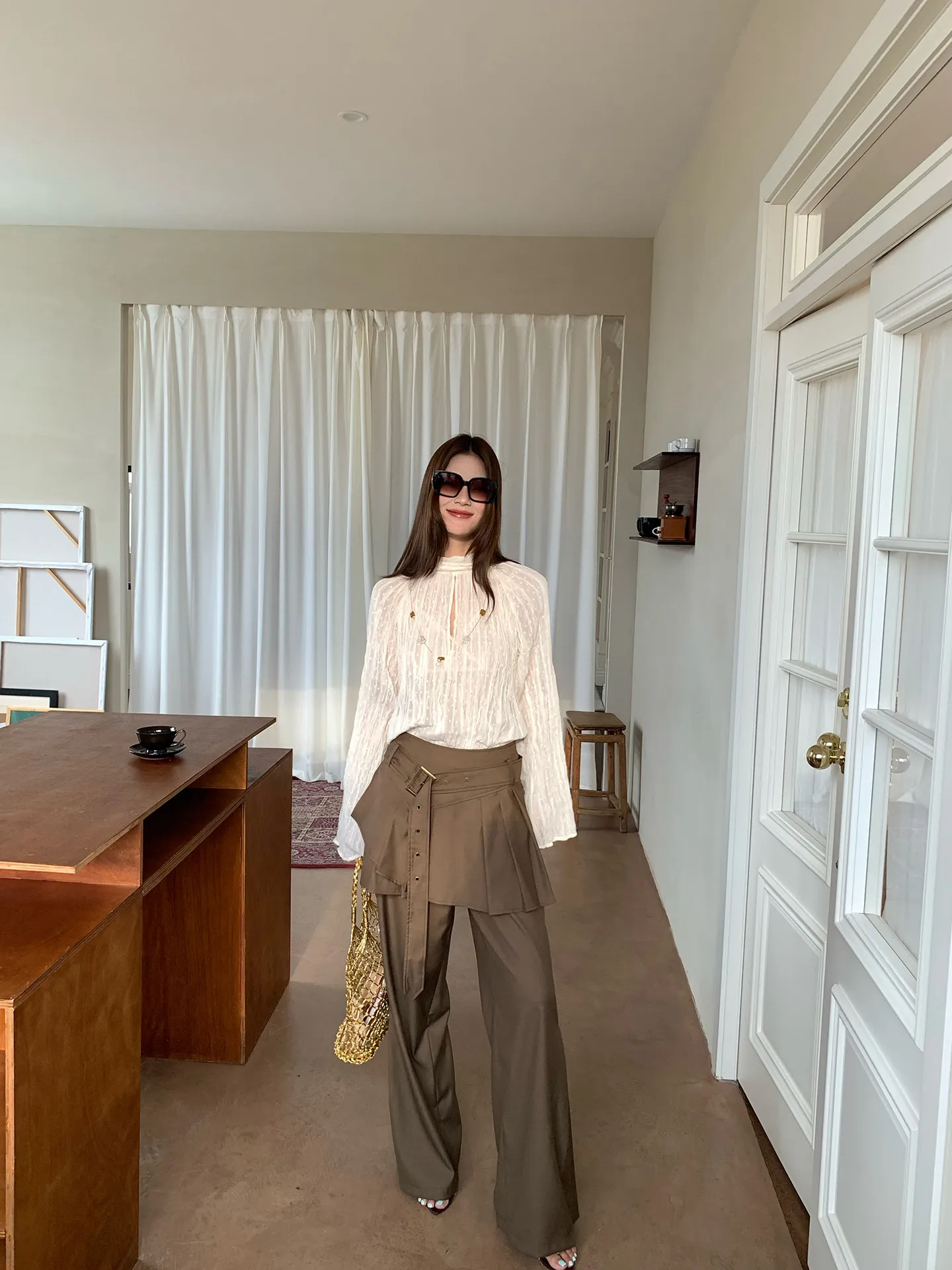 【MAR】Women Vintage Brown Sycamore Pants Pleated Fake Two-Piece Loose Casual Suit Trousers thumbnail 2