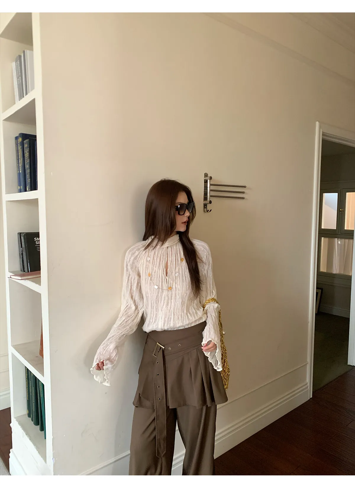 【MAR】Women Vintage Brown Sycamore Pants Pleated Fake Two-Piece Loose Casual Suit Trousers thumbnail 6