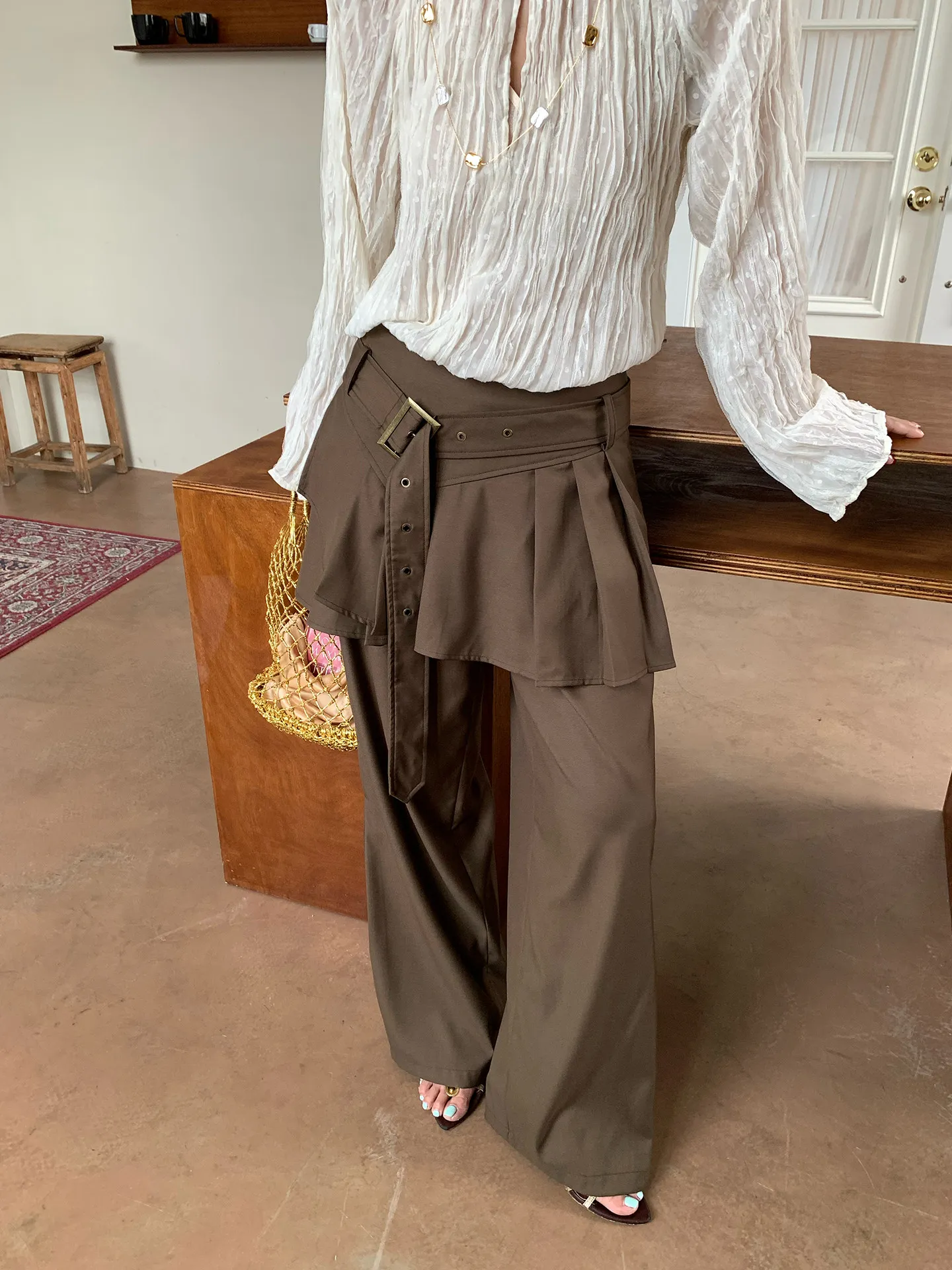 【MAR】Women Vintage Brown Sycamore Pants Pleated Fake Two-Piece Loose Casual Suit Trousers thumbnail 4