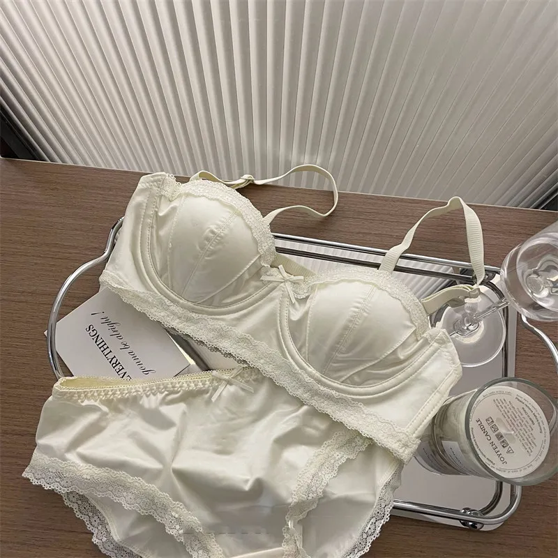 Women High Quality French Minimizer Bra Set Satin Lace Thin Cup Soft Underwire Uplifting Centering Anti-Sagging Solid Support thumbnail 4