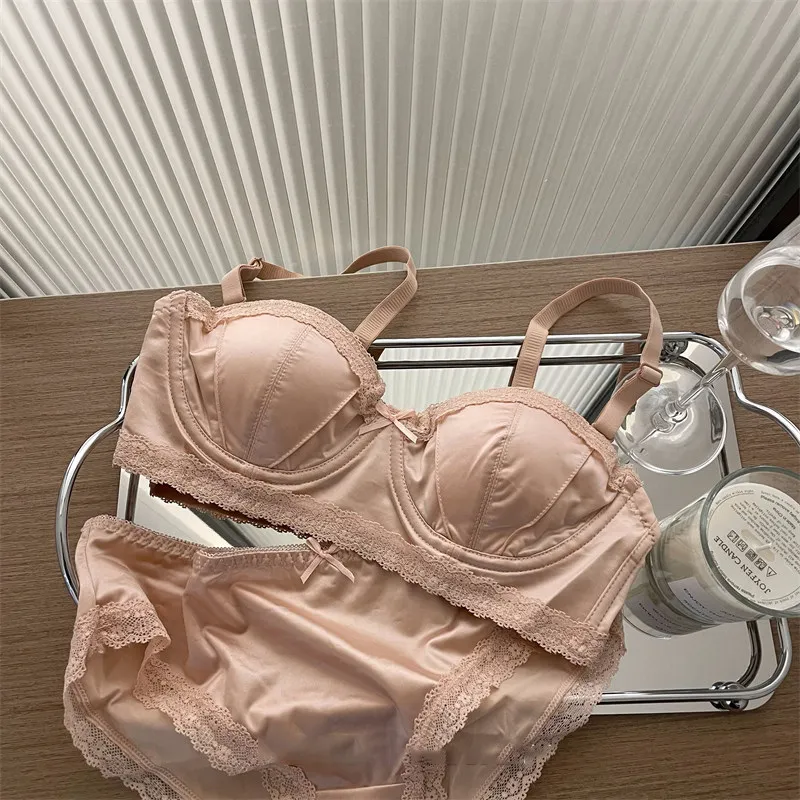 Women High Quality French Minimizer Bra Set Satin Lace Thin Cup Soft Underwire Uplifting Centering Anti-Sagging Solid Support thumbnail 6