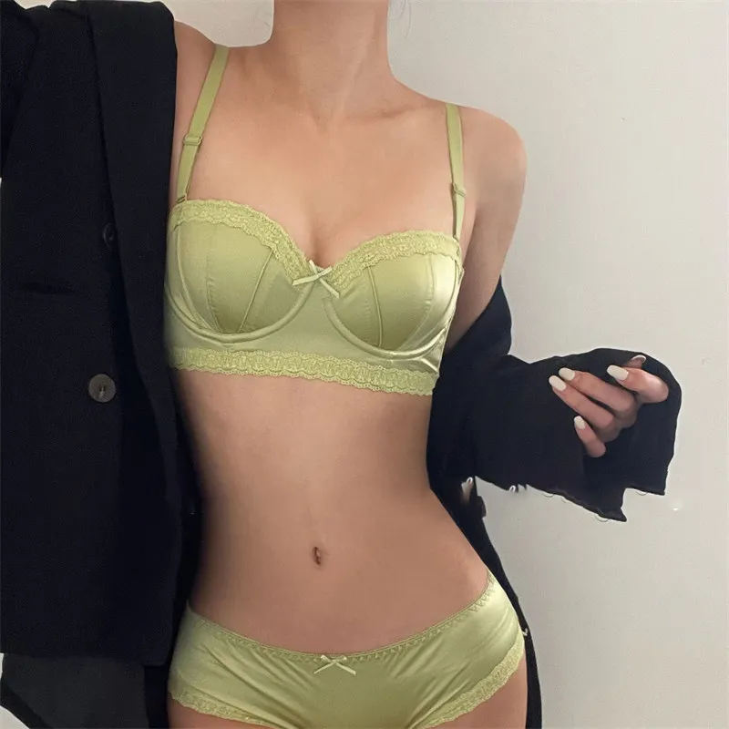 Women High Quality French Minimizer Bra Set Satin Lace Thin Cup Soft Underwire Uplifting Centering Anti-Sagging Solid Support thumbnail 3