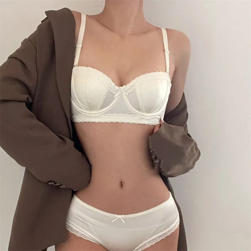 Women High Quality French Minimizer Bra Set Satin Lace Thin Cup Soft Underwire Uplifting Centering Anti-Sagging Solid Support thumbnail 2