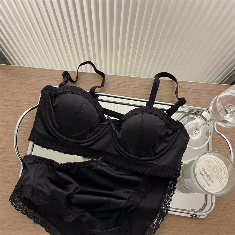 Women High Quality French Minimizer Bra Set Satin Lace Thin Cup Soft Underwire Uplifting Centering Anti-Sagging Solid Support thumbnail 5