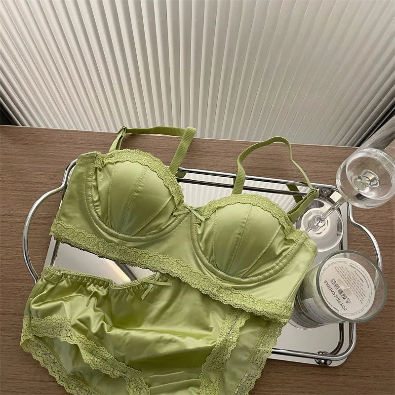 Women High Quality French Minimizer Bra Set Satin Lace Thin Cup Soft Underwire Uplifting Centering Anti-Sagging Solid Support