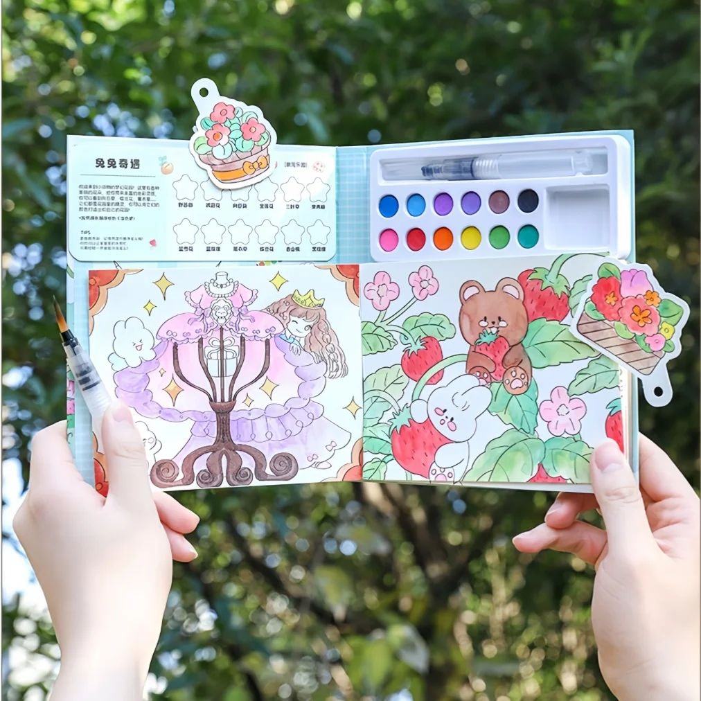 1 Book with 24 Watercolor Coloring Pages Gift Box Set - Includes a Built-In Palette + Water Brush, DIY Art Kit, Suitable for Children Aged 3 and Above, Perfect Birthday and Holiday Gift thumbnail 6