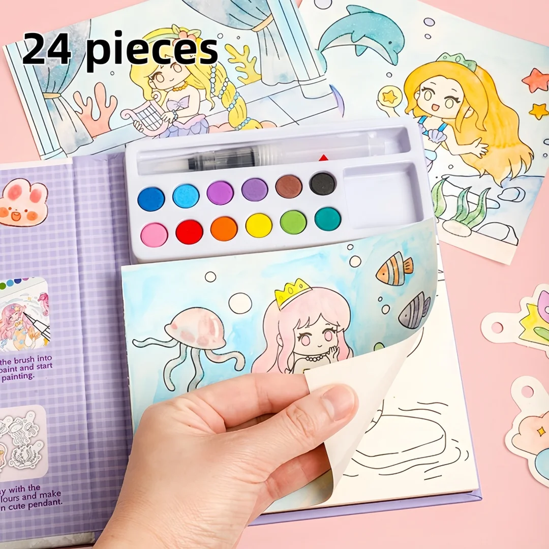 1 Book with 24 Watercolor Coloring Pages Gift Box Set - Includes a Built-In Palette + Water Brush, DIY Art Kit, Suitable for Children Aged 3 and Above, Perfect Birthday and Holiday Gift thumbnail 2