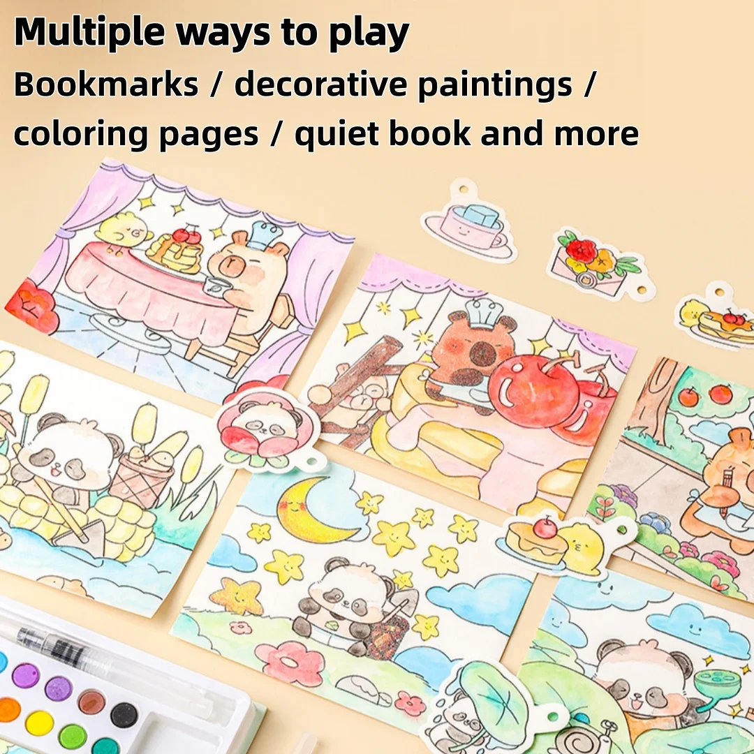 1 Book with 24 Watercolor Coloring Pages Gift Box Set - Includes a Built-In Palette + Water Brush, DIY Art Kit, Suitable for Children Aged 3 and Above, Perfect Birthday and Holiday Gift thumbnail 5