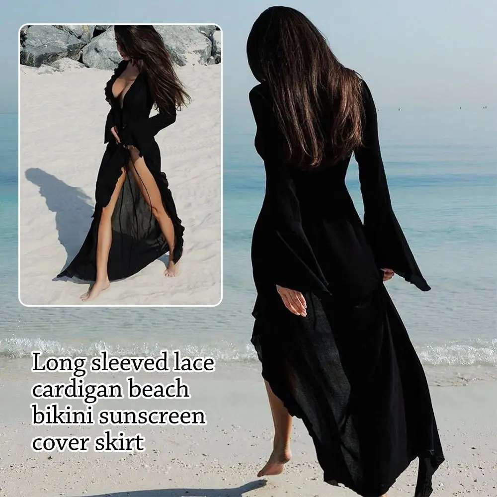 Fashion V Neck Summer Beach Cover Up Ruffled Long Sleeve Beach Dress Bathing Suit Loose Bikini Sunscreen Smock for Women thumbnail 3