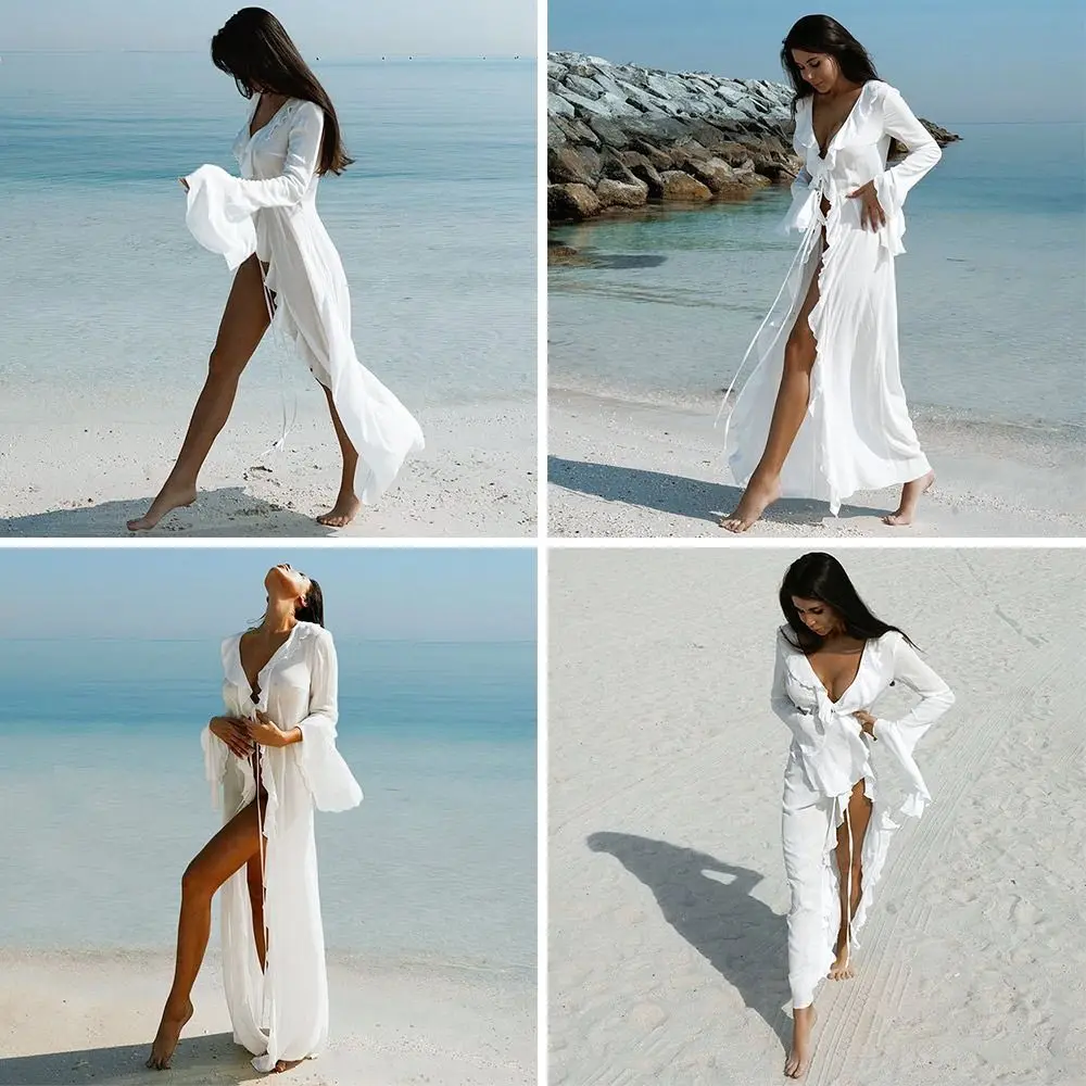 Fashion V Neck Summer Beach Cover Up Ruffled Long Sleeve Beach Dress Bathing Suit Loose Bikini Sunscreen Smock for Women thumbnail 4