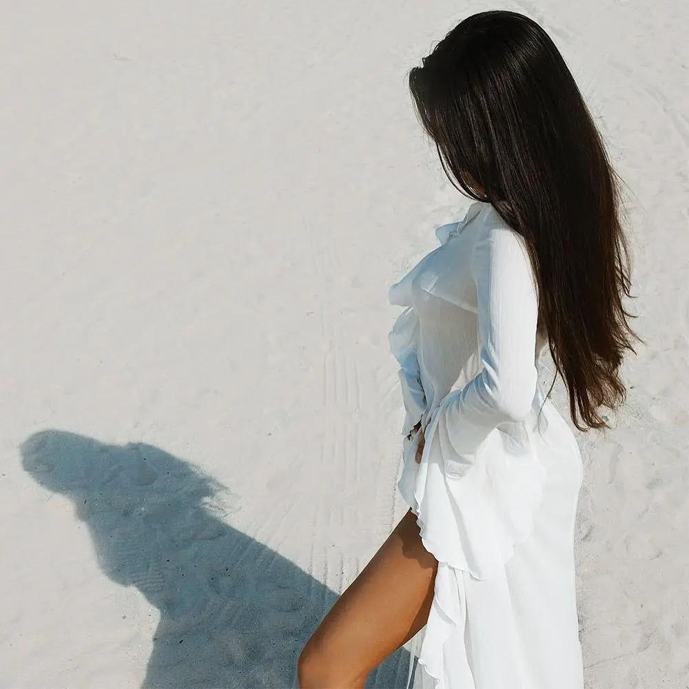 Fashion V Neck Summer Beach Cover Up Ruffled Long Sleeve Beach Dress Bathing Suit Loose Bikini Sunscreen Smock for Women thumbnail 2