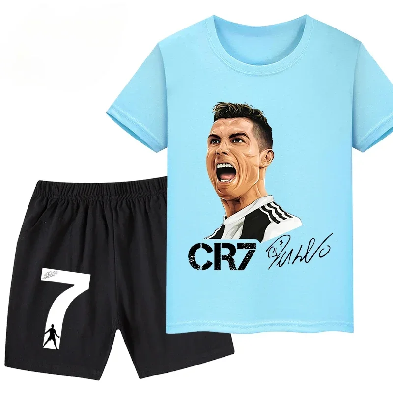 2026 Ronaldo Football Player CR7 Printed Children Clothing Casual T-shirt+Shorts 2pcs Sets Summer Kids Boys Fashion Sportsuits