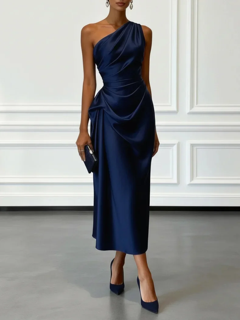 One Shoulder Satin Midi Dress With Ruched Waist Elegant Sleeveless Party Gown thumbnail 5