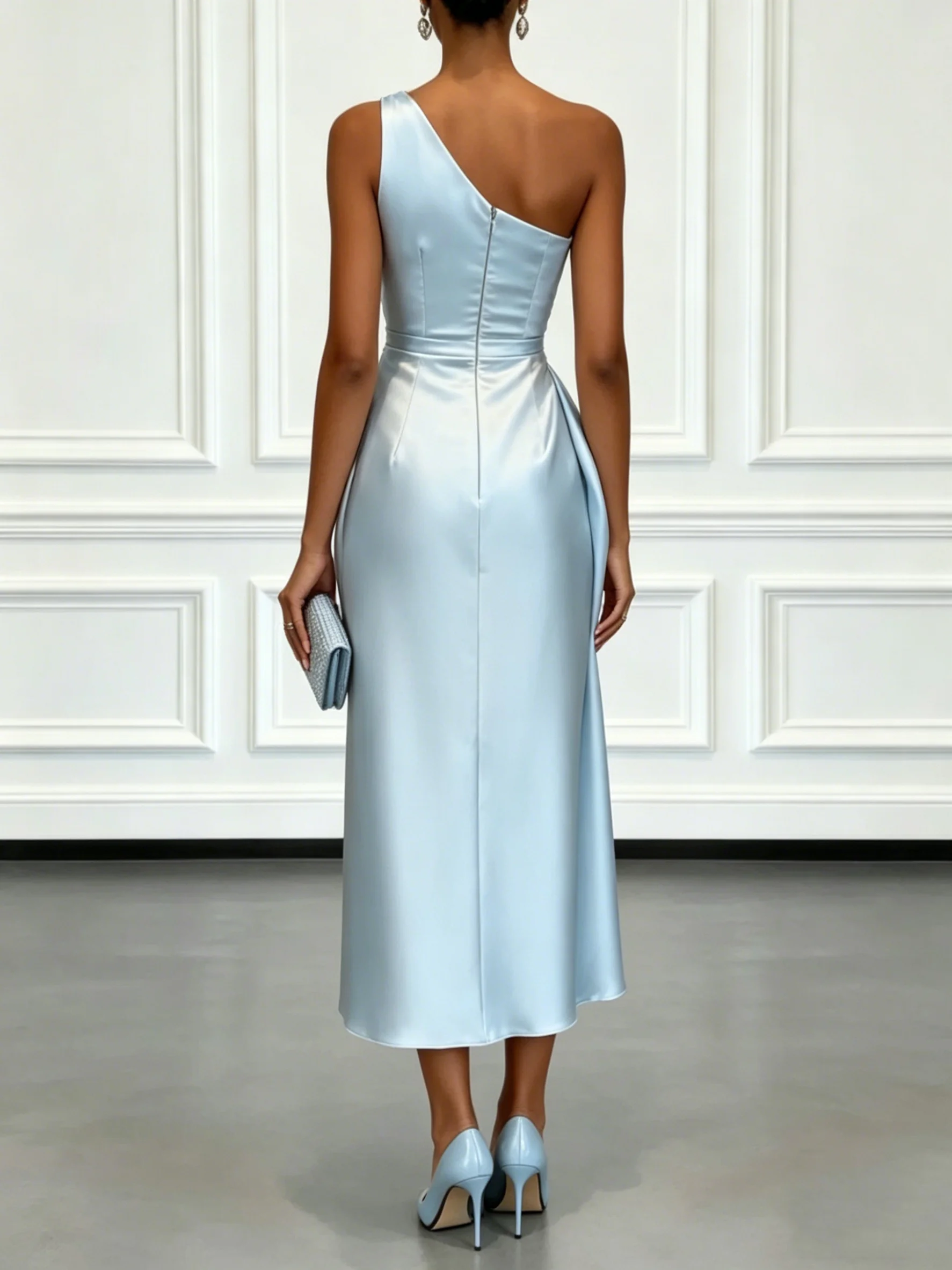 One Shoulder Satin Midi Dress With Ruched Waist Elegant Sleeveless Party Gown thumbnail 2