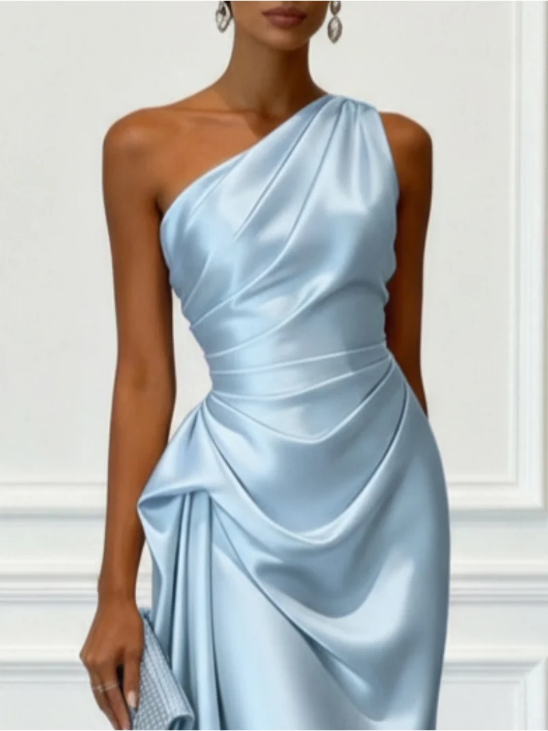 One Shoulder Satin Midi Dress With Ruched Waist Elegant Sleeveless Party Gown thumbnail 3