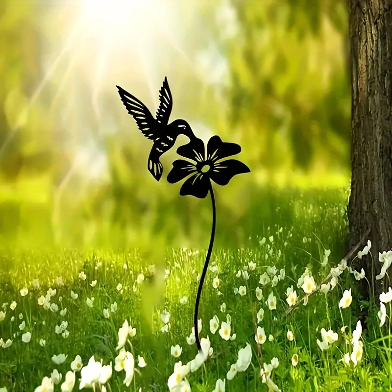 Art Deco Metal Hummingbird Garden Stake, Wedding Event Outdoor Floor Mount Decor, Nature Inspired Lawn Insert thumbnail 3