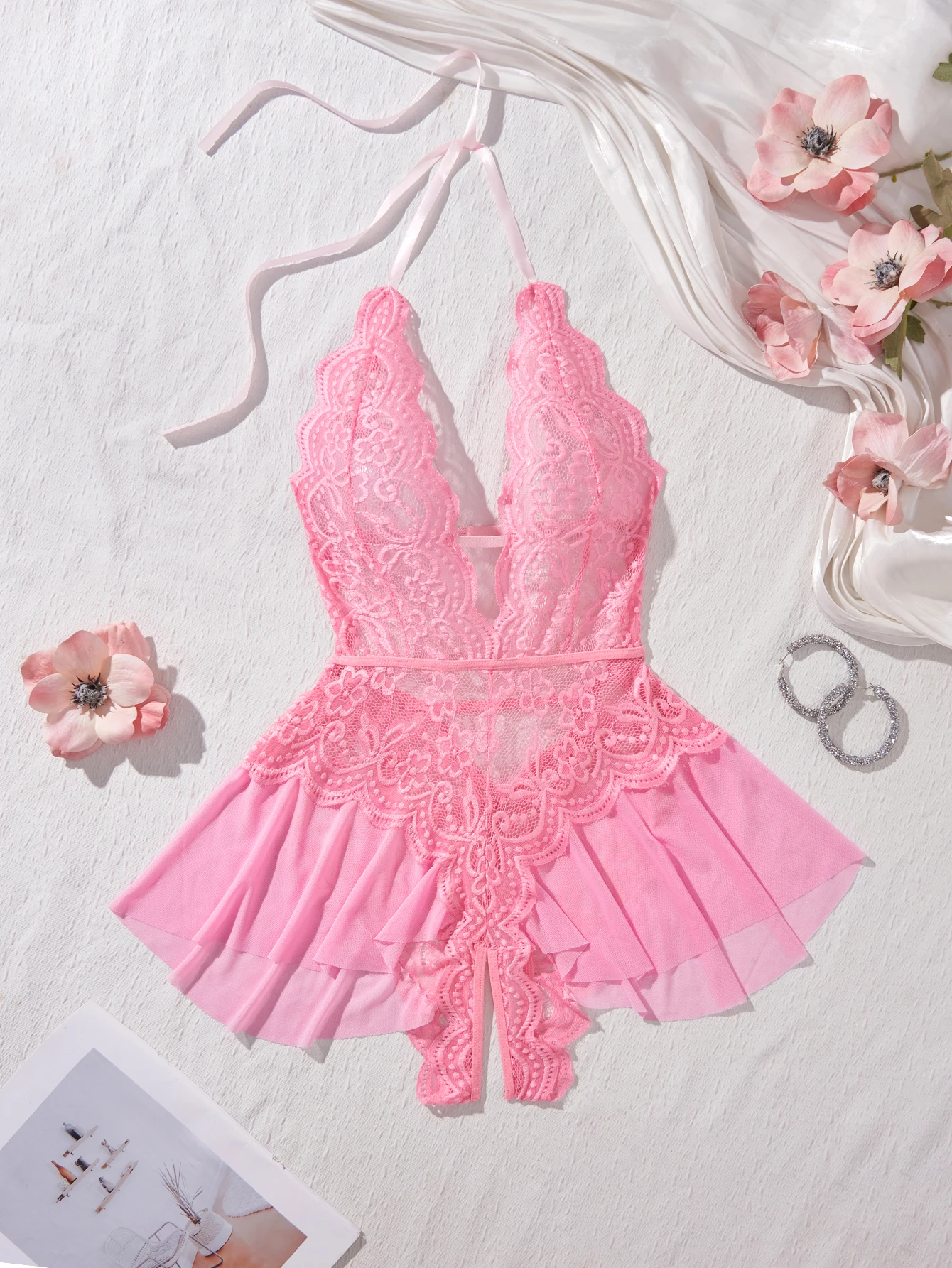 Cute Pink Sleepwear Crotchless Pajama Halter Lace Patchwork Hollow Bodysuit Pajama Teddy Babydoll Dress Deep V Open Bra Romantic thumbnail 3