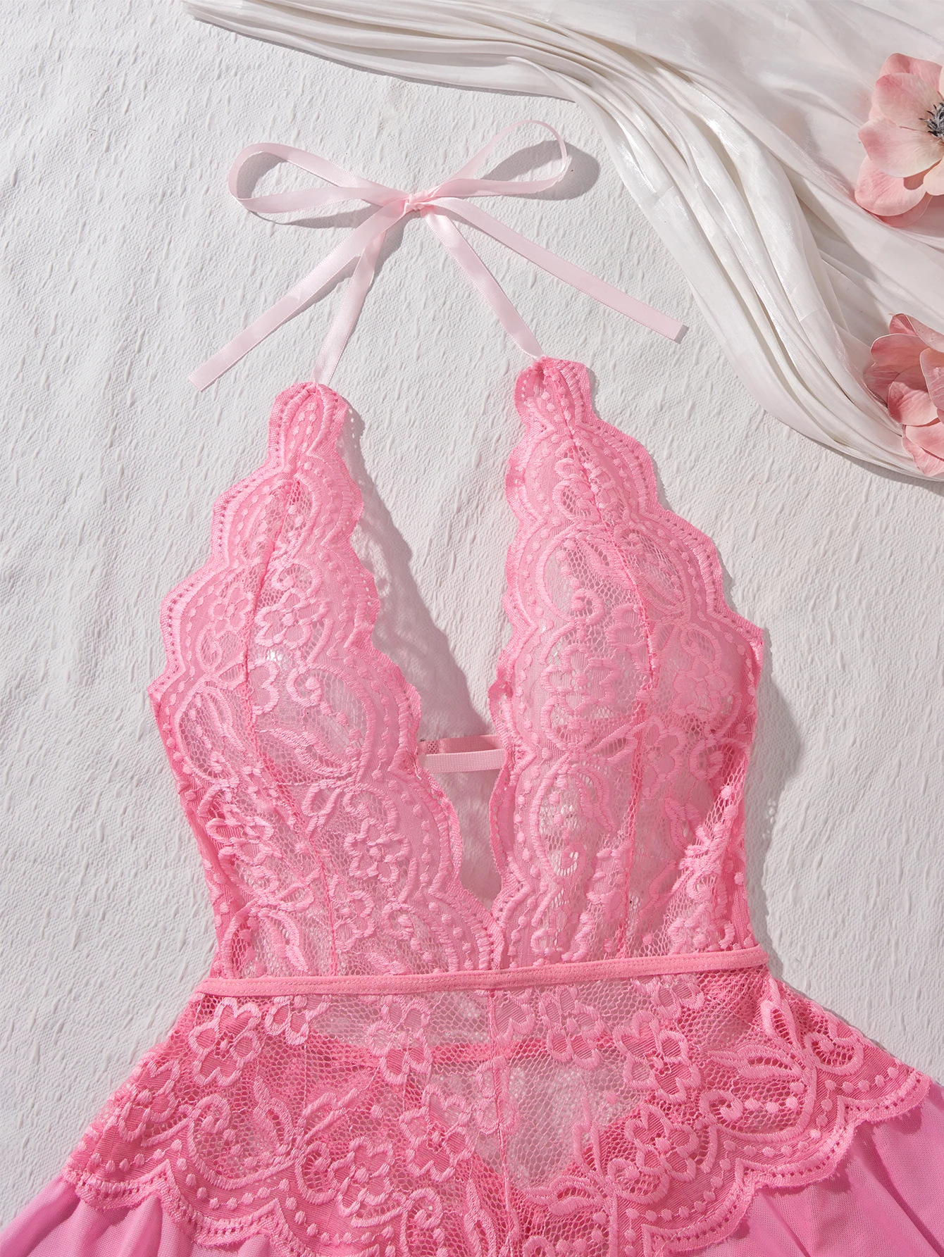 Cute Pink Sleepwear Crotchless Pajama Halter Lace Patchwork Hollow Bodysuit Pajama Teddy Babydoll Dress Deep V Open Bra Romantic thumbnail 5