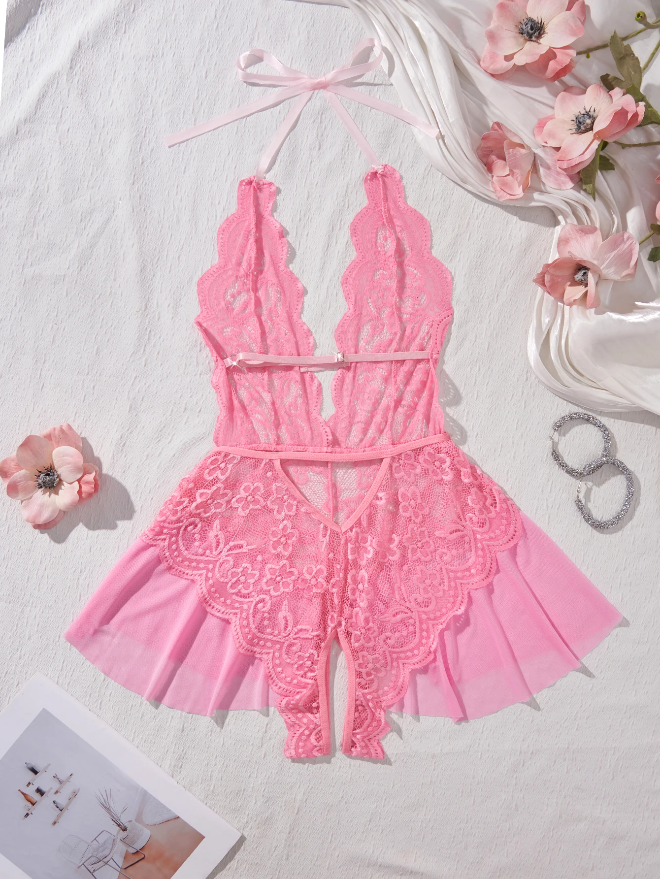 Cute Pink Sleepwear Crotchless Pajama Halter Lace Patchwork Hollow Bodysuit Pajama Teddy Babydoll Dress Deep V Open Bra Romantic thumbnail 4