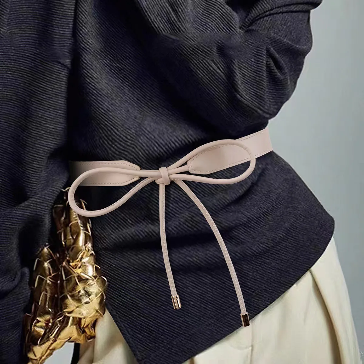 Korean Ins Style Faux Leather Tie Waist Belt, Fashion Bow Knot Rope Belt for Dress, Slimming Cinched Waist Accessory