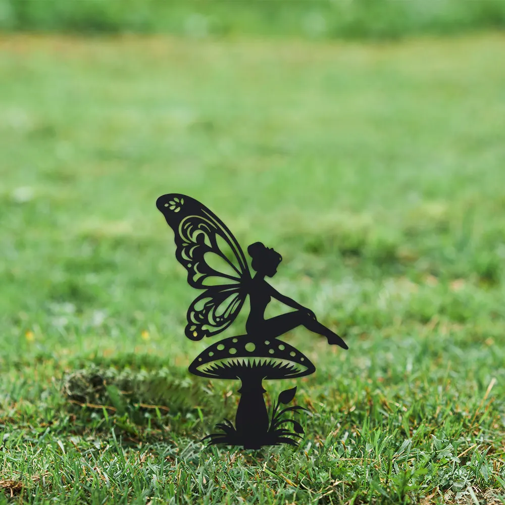 Art Deco Fairy on Mushroom Garden Stake, Metal Silhouette Decor, Floor Mount, Fairy Tale Theme, Flower Pot Decoration thumbnail 6