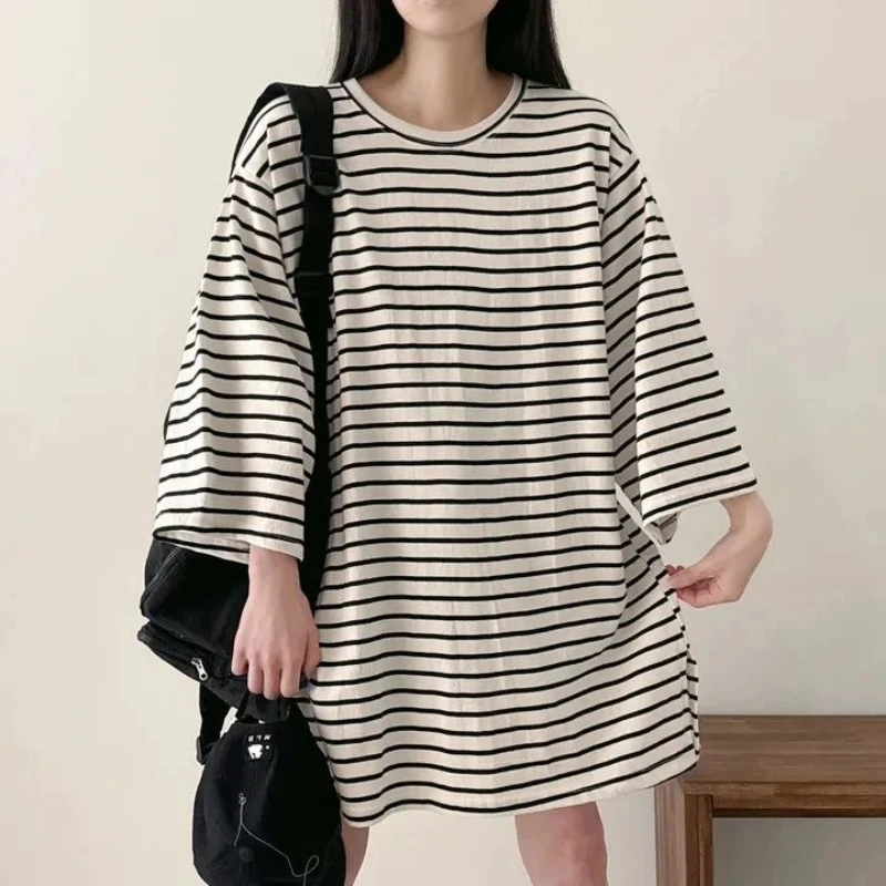New Lazy Style Striped Contrast Patchwork Loose Tops Women Clothing Short Sleeve Youth Casual T Shirts Fashion Korean Summer