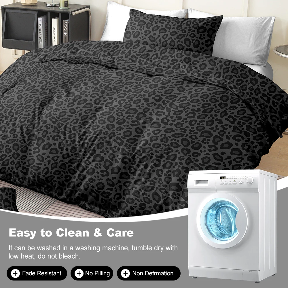 3pcs Black Leopard Print Bedding Set, Soft & Breathable，Animal Print Bed Set, Twin/Full/Queen/King Size, Ideal for Gifting thumbnail 6